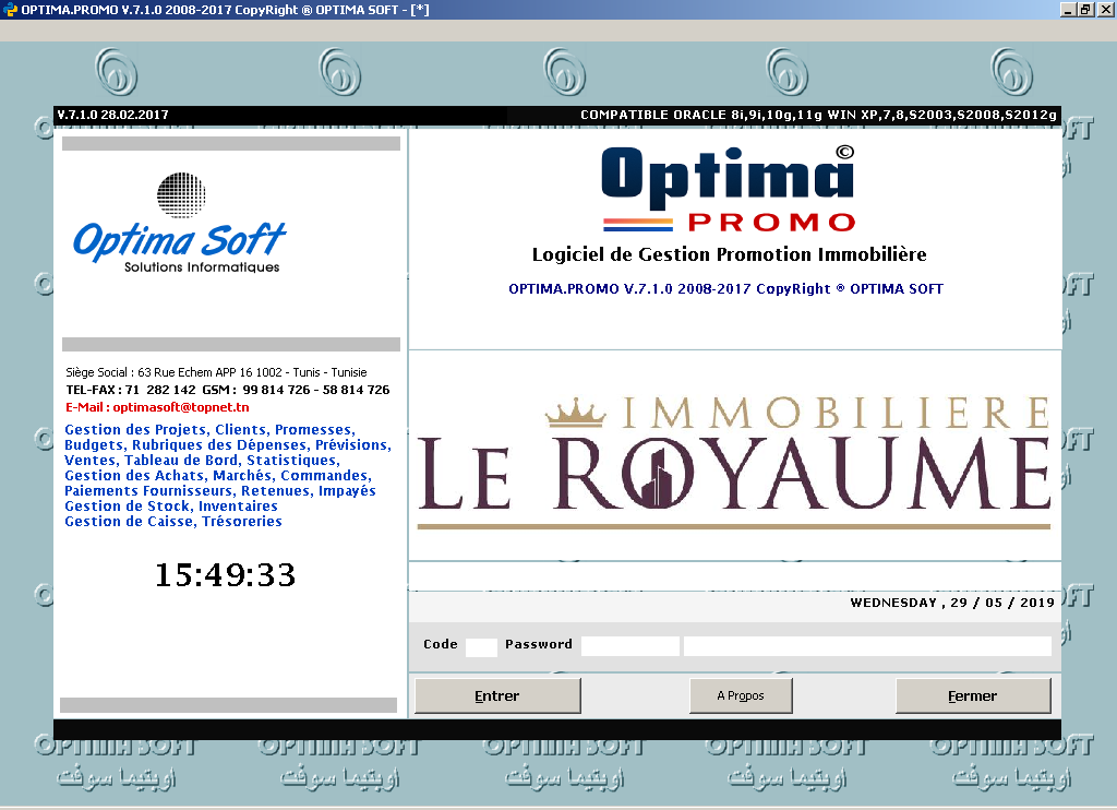 Logiciel de Gestion Promotion Immobilière.
 Gestion Promesses Ventes, Rapports & Statistiques.
 Gestion Achats, Retenus & Paiements Fournisseurs.