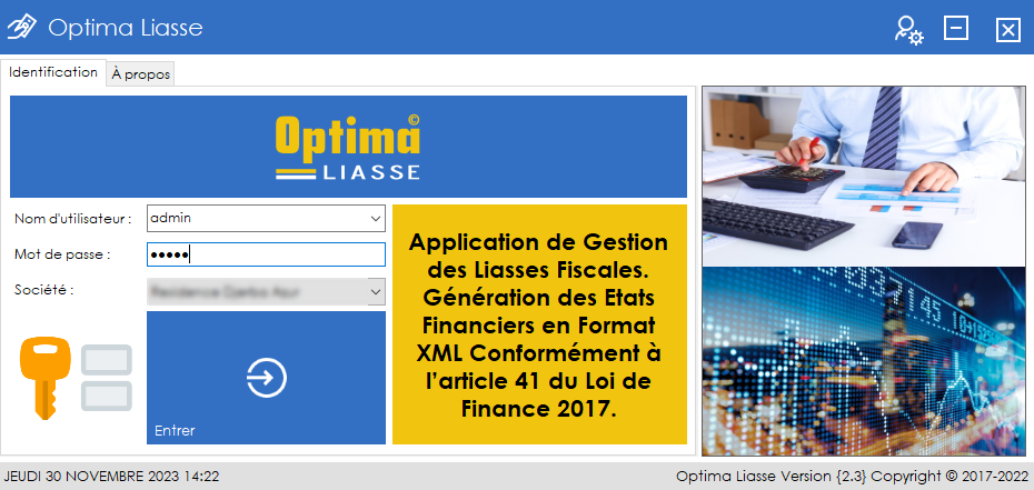 OPTIMA.LIASSE Application de Gestion des Liasses Fiscales.
Génération des Etats Financiers en Format XML
Conformément à l’article 41 du Loi de Finance 2017.