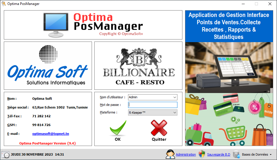OPTIMA.POSMANAGER Application de Gestion Interface Points de Ventes.
Collecte Recettes, Rapports & Statistiques
Compatible PI, CSI, ICG-POS, R-KEEPER, MICROS.